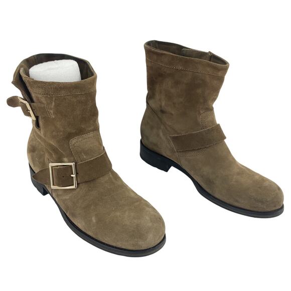 Jimmy Choo Brown Suede Leather Biker Boots Women's Size 9.5 Preowned - Picture 1 of 7